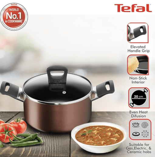 Tefal Super Cook Plus Non Stick Stew Pot, Stainless Steel with Lid, 20CM (Brown) with Elevated Handle Design, Powerglide Non-Stick, Smart Straining See Through Lid - Image 3